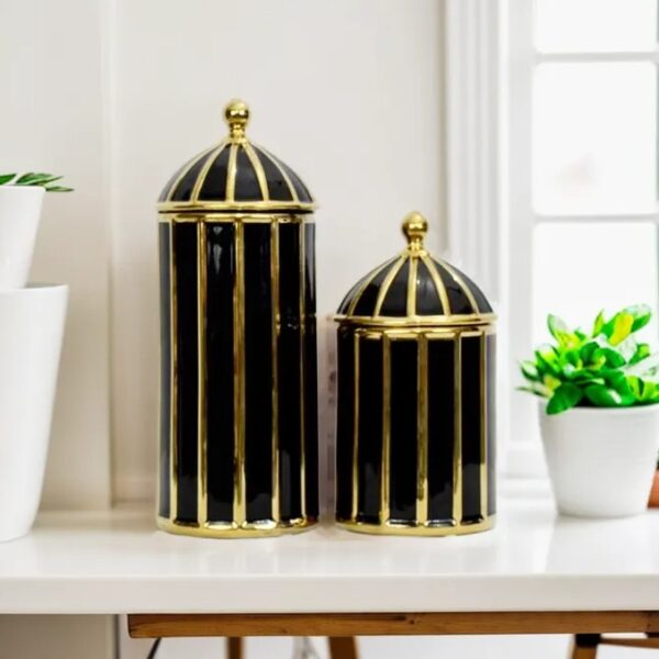 A set of candy jars on a marble top