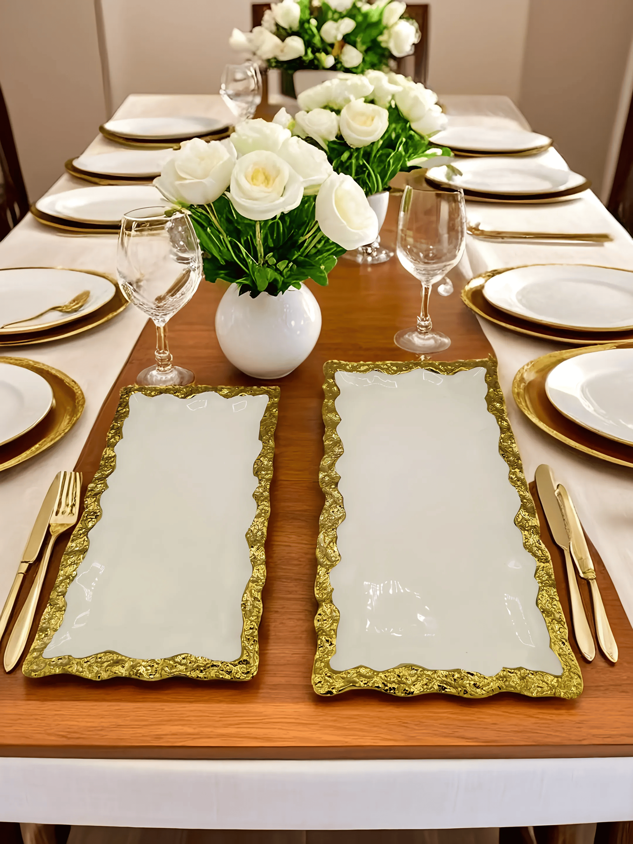 White and Gold Porcelain Serving Trays – Set of Two